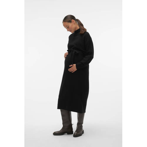 VERO MODA MATERNITY gebreide zwangerschapsjurk VMMKADEN met ceintuur zwart Dames Gerecycled dons Opstaande kraag S