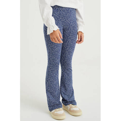 WE Fashion flared broek met all over print kobaltblauw wit Meisjes Viscose 104
