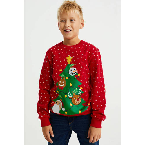 WE Fashion kerstsweater met all over print rood All over print 