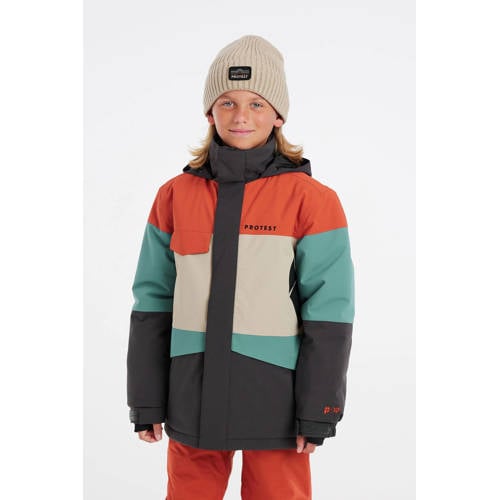 Protest ski-jack PRTPECKER JR antraciet/oranje/turquoise Skijack Grijs Jongens Polyester Capuchon