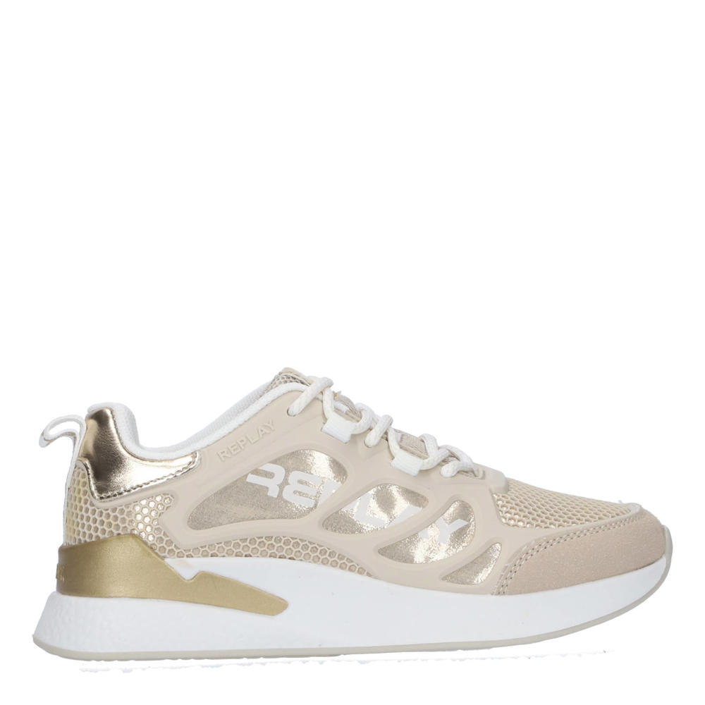 Beige en gouden meisjes REPLAY Maze Jr sneakers van imitatieleer en textiel met veters