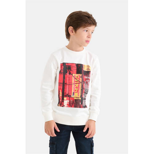 Shoeby sweater met printopdruk offwhite/rood/geel Wit Printopdruk 