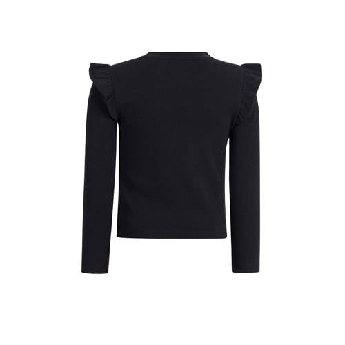 Shoeby ribgebreide top met ruches zwart Meisjes Katoen Ronde hals Effen 98 104