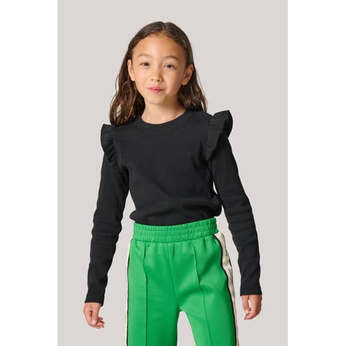 Shoeby ribgebreide top met ruches zwart Meisjes Katoen Ronde hals Effen 98 104