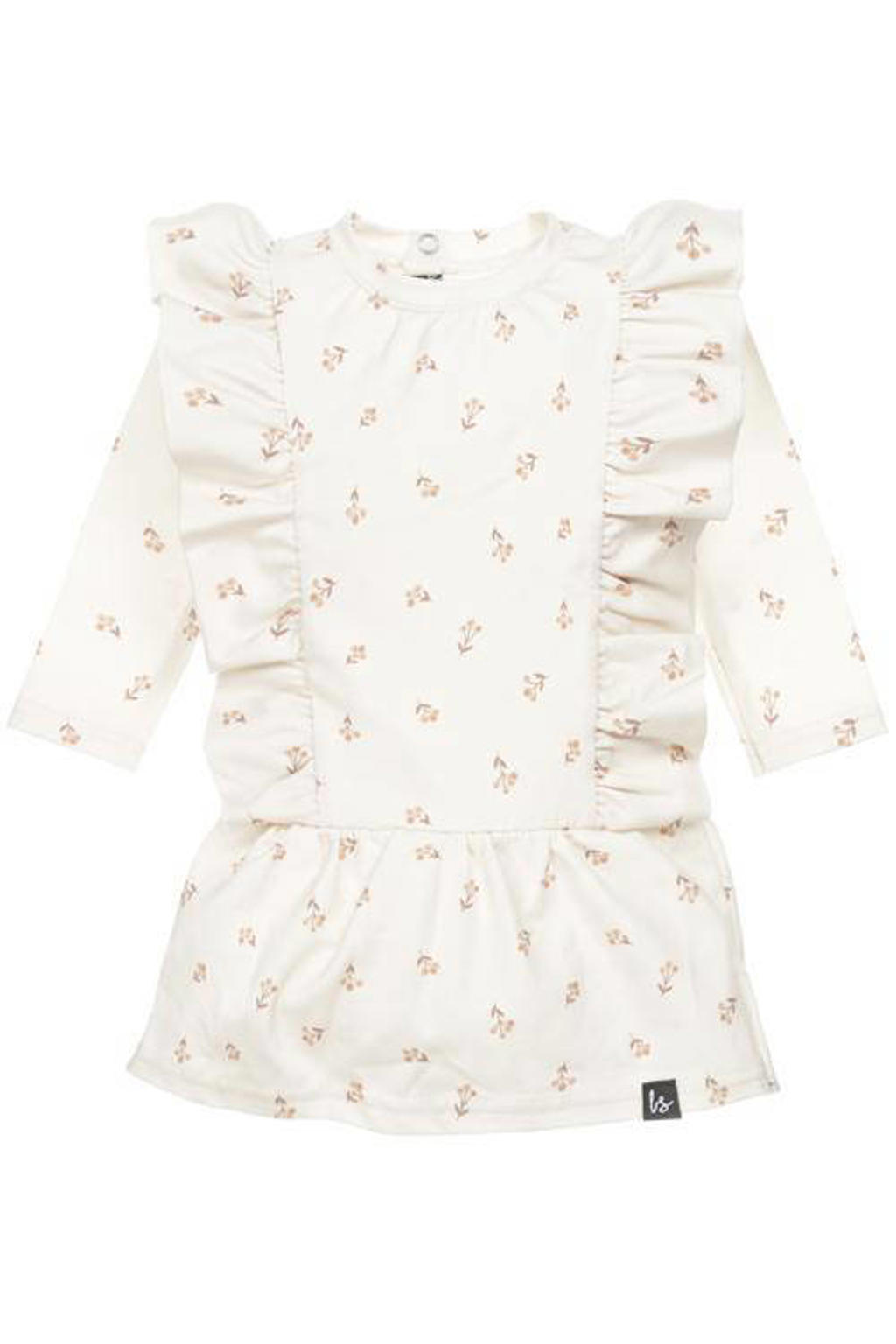 Ecru en beige meisjes Babystyling gebloemde baby A-lijn jurk van katoen met lange mouwen, ronde hals en drukknoopsluiting
