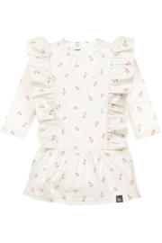 thumbnail: Ecru en beige meisjes Babystyling gebloemde baby A-lijn jurk van katoen met lange mouwen, ronde hals en drukknoopsluiting