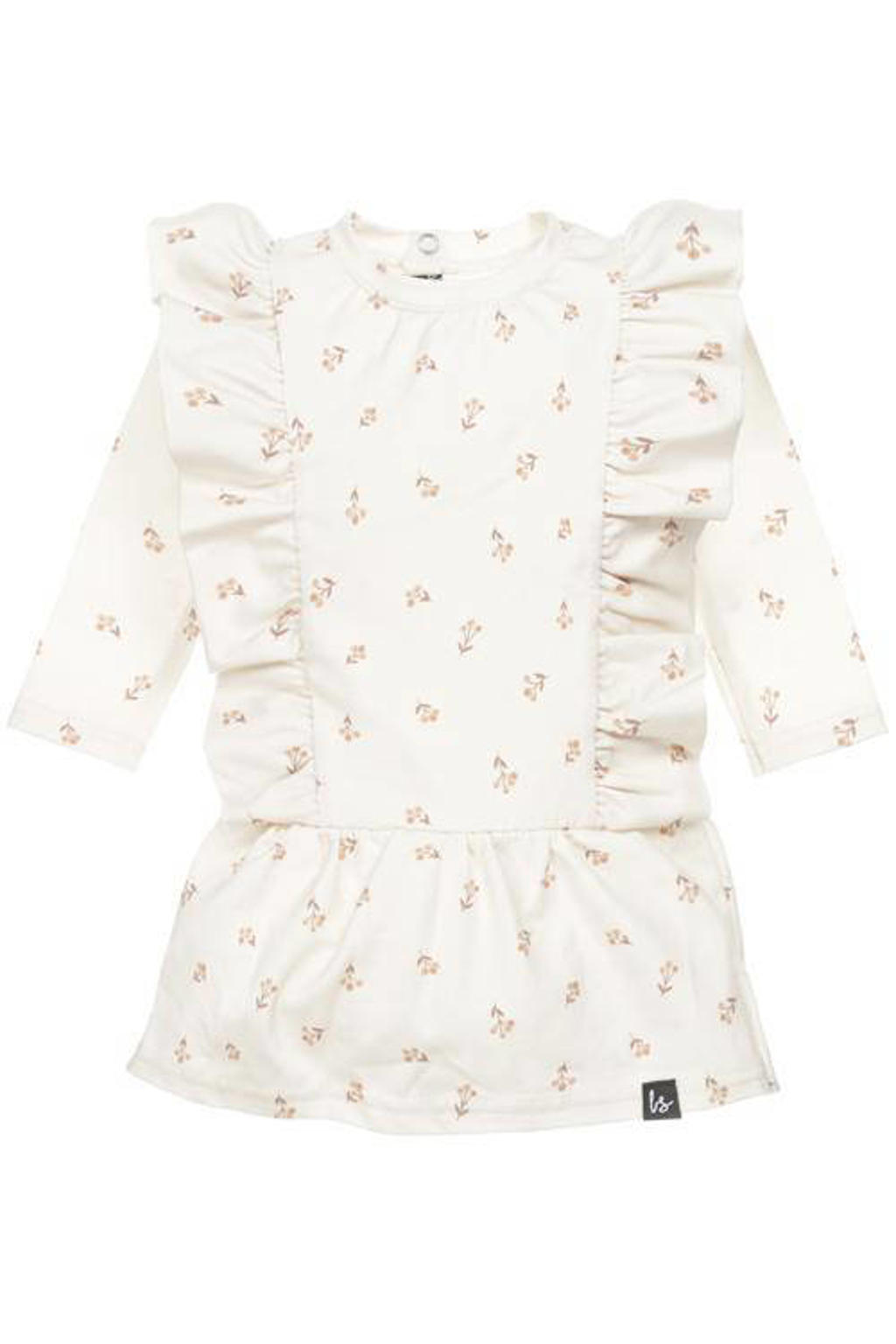 Ecru en beige meisjes Babystyling gebloemde baby A-lijn jurk van katoen met lange mouwen, ronde hals en drukknoopsluiting