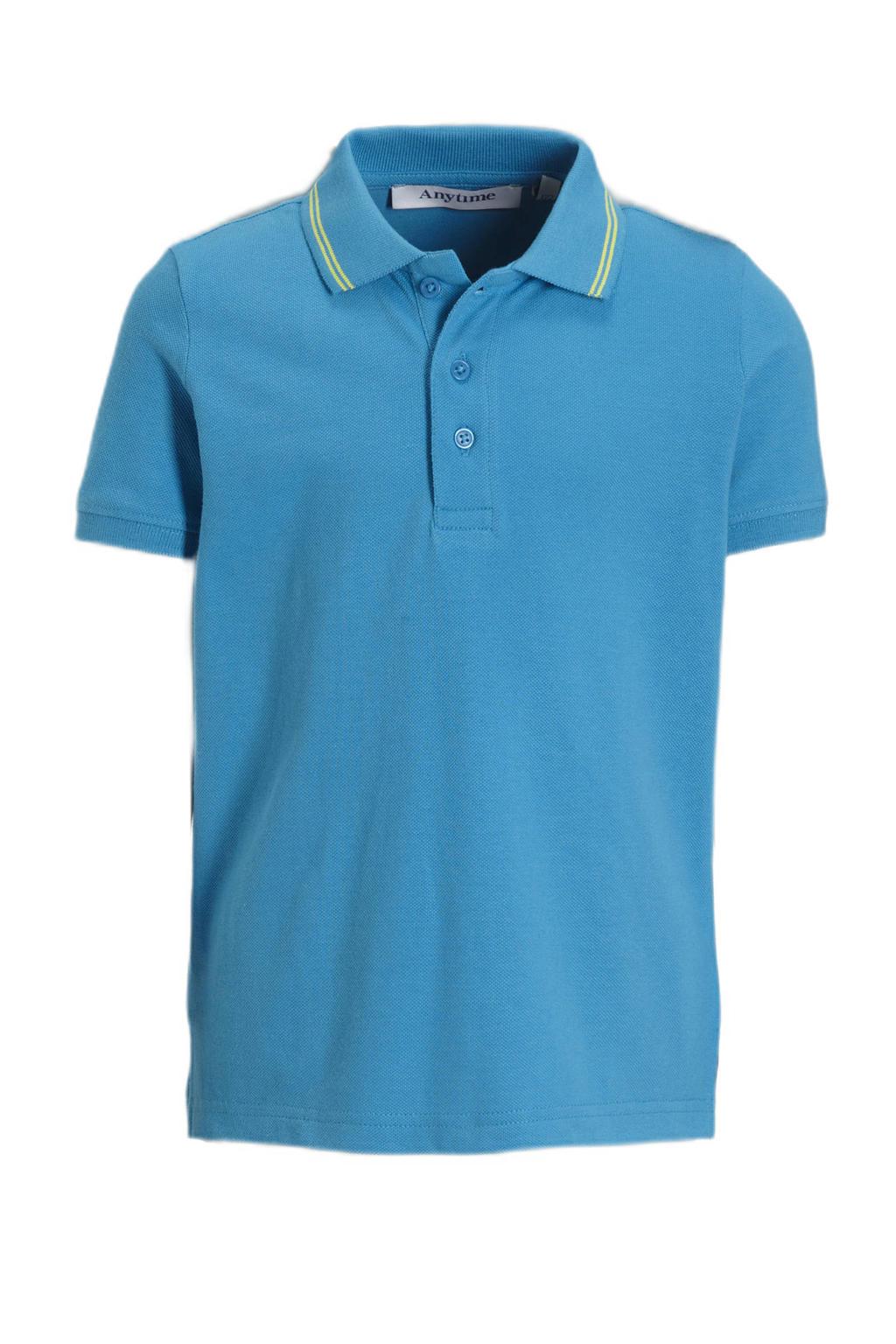 Blauw en limegroene jongens anytime piqué polo van katoen met effen, korte mouwen, klassieke kraag en knoopsluiting