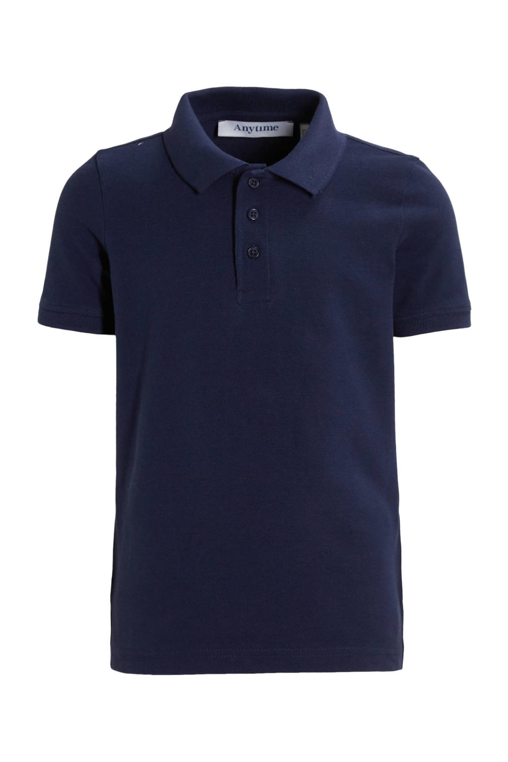 Donkerblauwe jongens anytime piqué polo van katoen met effen, korte mouwen, klassieke kraag en knoopsluiting