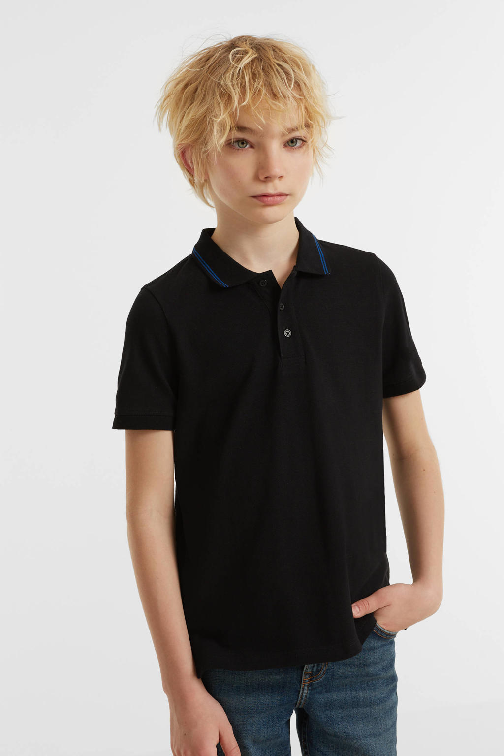 Zwart en blauwe jongens anytime piqué polo van katoen met effen, korte mouwen, klassieke kraag en knoopsluiting