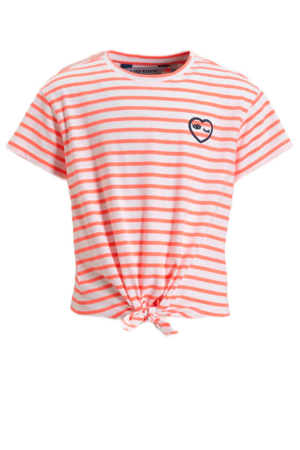 Oranje en witte meisjes Anytime T-shirt koraal van katoen met strepenprint, korte mouwen en ronde hals