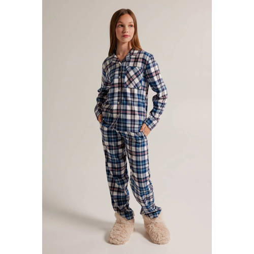 America Today geruite top Labello JR van biologisch katoen blauw donkerroze wit Pyjamatop Meisjes Katoen (biologisch) Klassieke kraag 146 152