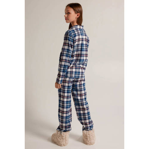 America Today geruite top Labello JR van biologisch katoen blauw donkerroze wit Pyjamatop Meisjes Katoen (biologisch) Klassieke kraag 146 152