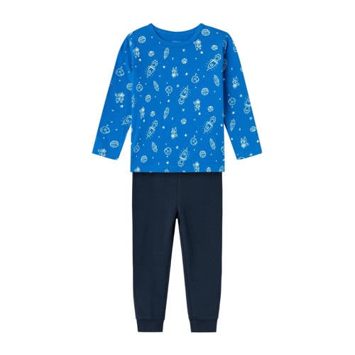 NAME IT MINI pyjama NMMNIGHTSET donkerblauw/blauw Jongens Stretchkatoen Ronde hals - 110/116