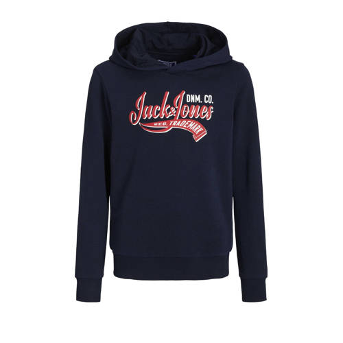 JACK & JONES JUNIOR hoodie JJELOGO met tekst donkerblauw/rood Sweater Tekst