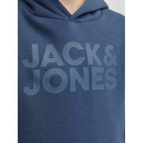 jack & jones JUNIOR hoodie JJECORP met tekst petrol blauw Sweater Jongens Katoen Capuchon 116