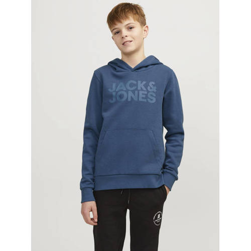 jack & jones JUNIOR hoodie JJECORP met tekst petrol blauw Sweater Jongens Katoen Capuchon 116