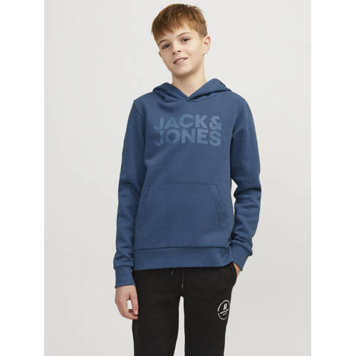 Jack & jones JUNIOR hoodie JJECORP met tekst petrol blauw Sweater Jongens Katoen Capuchon 116