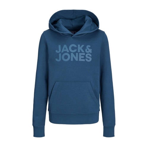 JACK & JONES JUNIOR hoodie JJECORP met tekst petrol blauw Sweater Jongens Katoen Capuchon