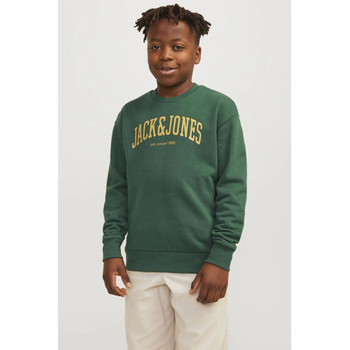 jack & jones JUNIOR sweater JJEJOSH met tekst donkergroen geel Tekst 116