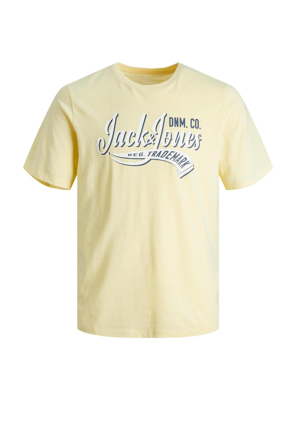 Gele jongens JACK & JONES JUNIOR T-shirt van biologisch katoen met tekst print, korte mouwen en ronde hals