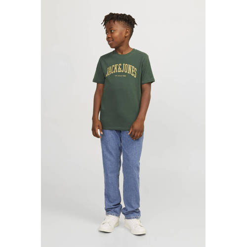 jack & jones JUNIOR T-shirt JJEJOSH met tekst donkergroen Jongens Katoen Ronde hals 116