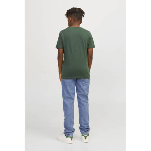 jack & jones JUNIOR T-shirt JJEJOSH met tekst donkergroen Jongens Katoen Ronde hals 116