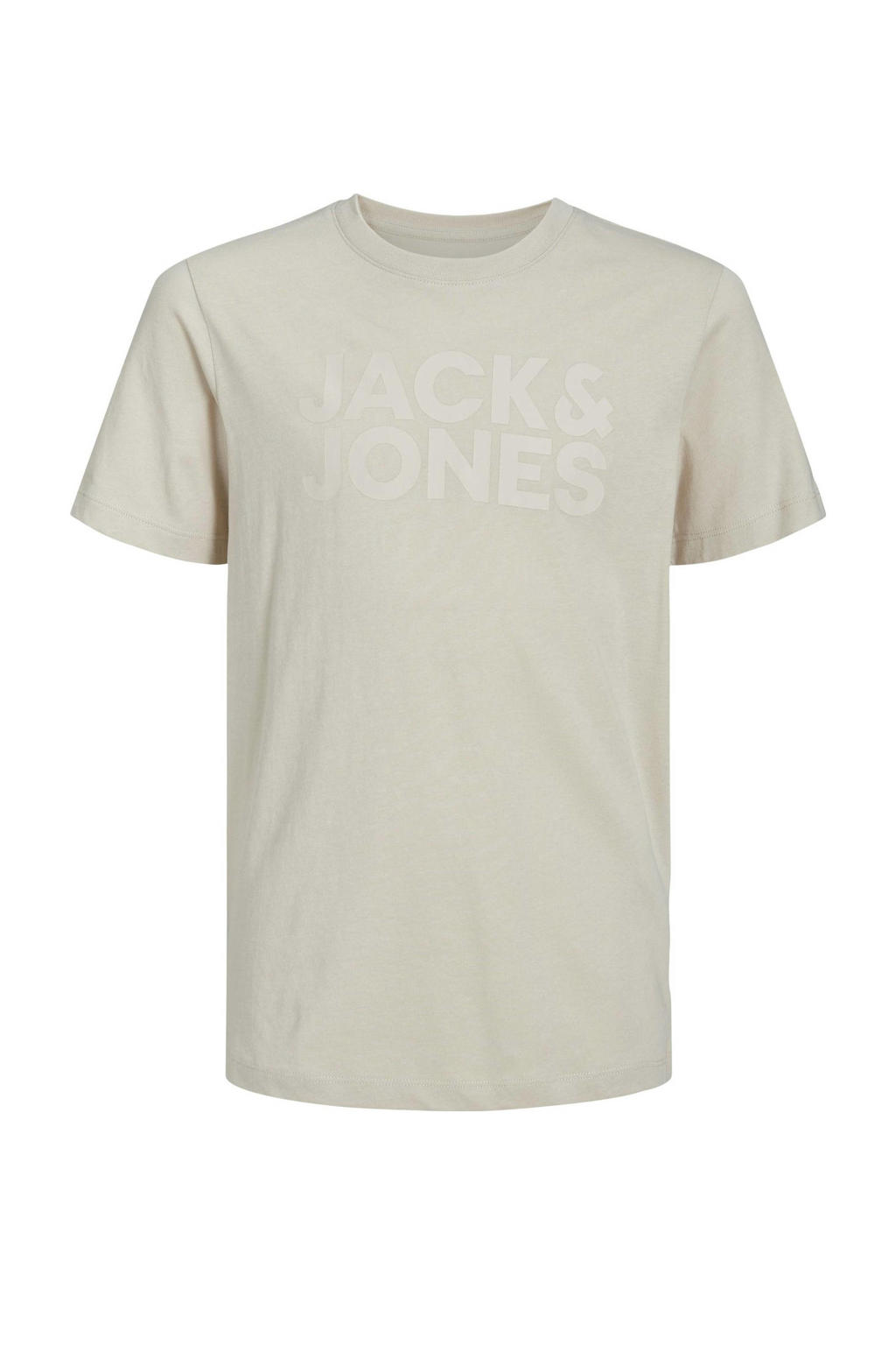 Ecru jongens JACK & JONES JUNIOR T-shirt van biologisch katoen met tekst print, korte mouwen en ronde hals