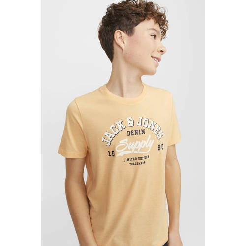 jack & jones JUNIOR T-shirt JJELOGO van biologisch katoen lichtoranje Tekst 116