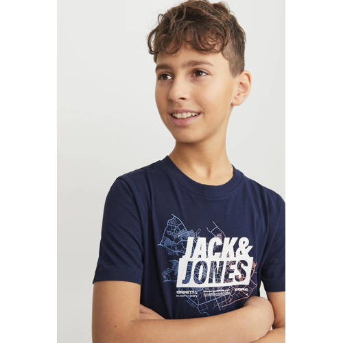 jack & jones JUNIOR T-shirt JCOMAP met printopdruk donkerblauw Jongens Katoen Ronde hals 140