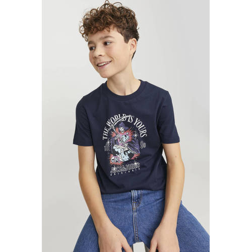 jack & jones JUNIOR T-shirt JORHEAVENS met printopdruk donkerblauw Jongens Katoen Ronde hals 140