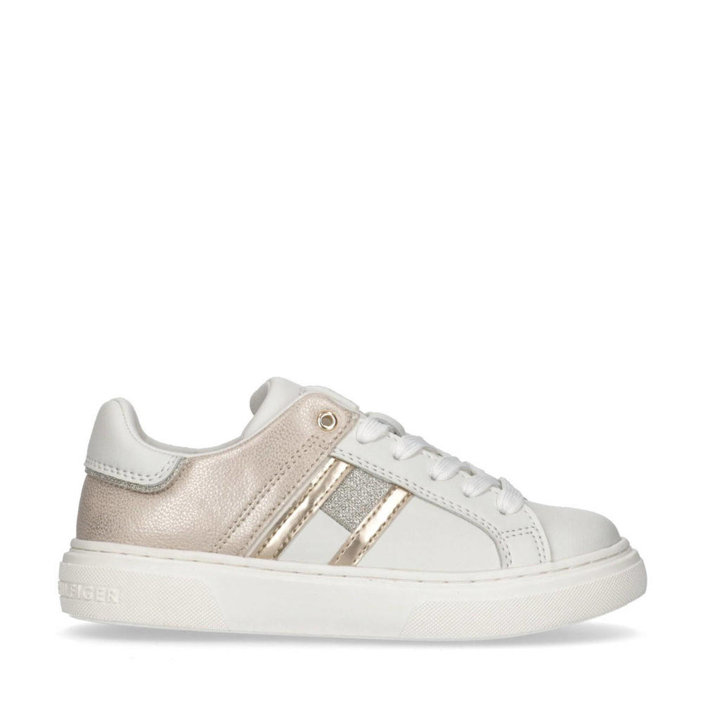 Wit en roze meisjes Tommy Hilfiger sneakers van imitatieleer met rits- en vetersluiting