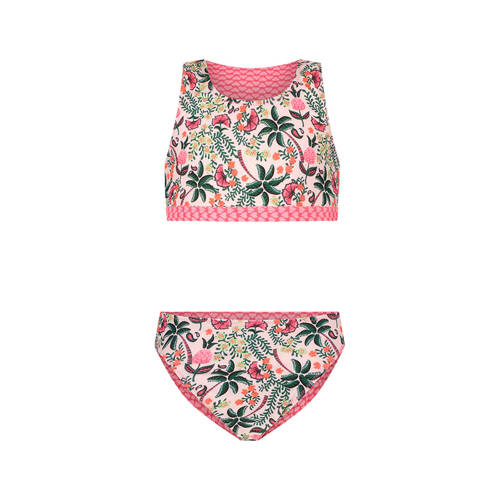 Just Beach reversible crop bikini roze groen Meisjes Polyester Bloemen 122 128