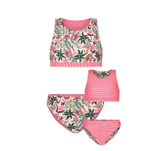 Just Beach reversible crop bikini roze/groen Meisjes Polyester Bloemen