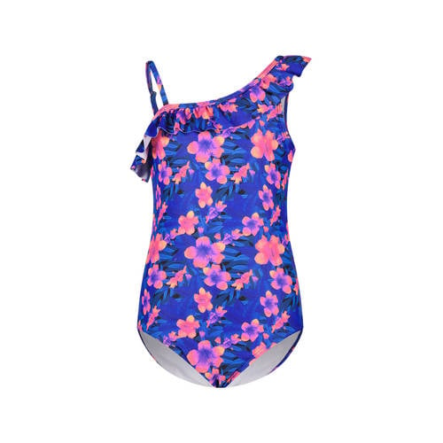 Just Beach badpak met ruches blauw/roze Meisjes Gerecycled polyester Bloemen