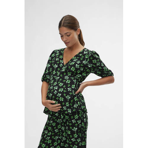 MAMALICIOUS gebloemde zwangerschaps- en voedingstop MLELLINOR TESS zwart/groen Dames Polyester V-hals