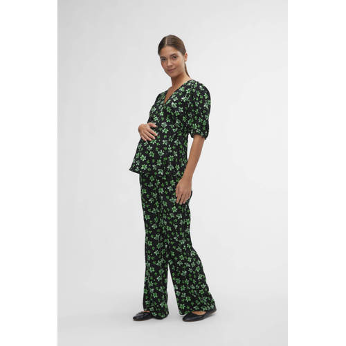 Mamalicious gebloemde loose fit broek MLELLINOR van polyester zwart groen S