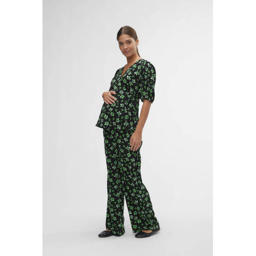 Mamalicious gebloemde loose fit broek MLELLINOR van gerecycled polyester zwart groen XXL