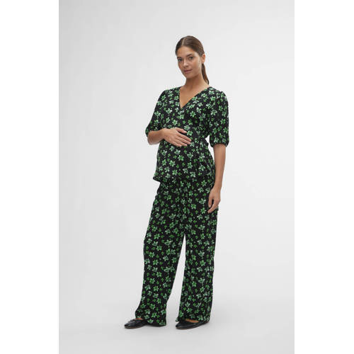 Mamalicious gebloemde loose fit broek MLELLINOR van polyester zwart groen S