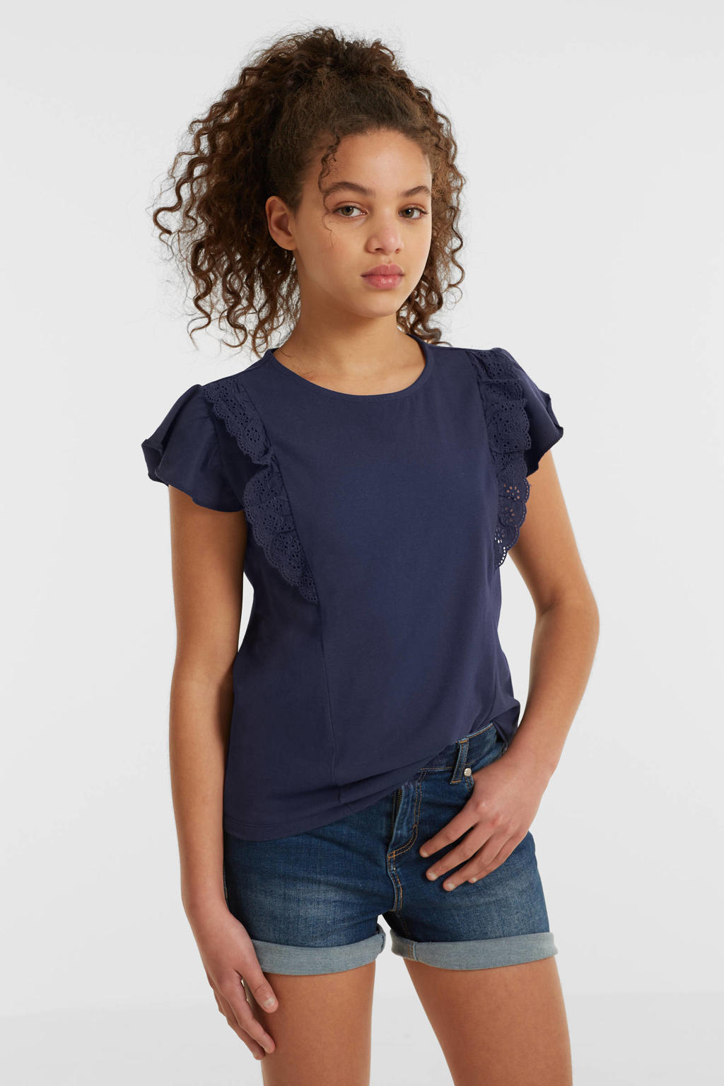 Donkerblauwe meisjes anytime T-shirt van katoen met effen, korte mouwen en ronde hals