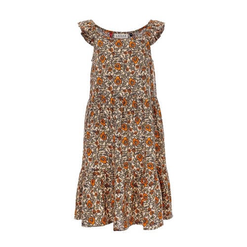 LOOXS little gebloemde jurk bruin/oranje Meisjes Viscose Vierkante hals - 104