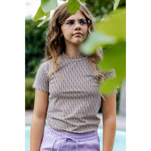 LOOXS 10sixteen top met all over print en open detail beige zwart Meisjes Stretchkatoen Opstaande kraag 128