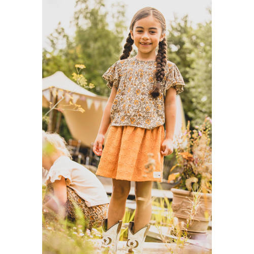 LOOXS little gebloemde top bruin oranje Meisjes Viscose Ronde hals Bloemen 104