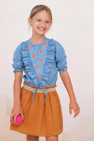 top met printopdruk en borduursels lichtblauw