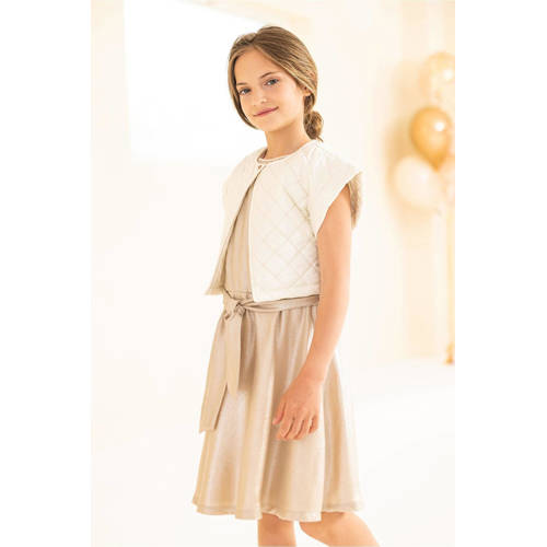 Like Flo jurk met ceintuur champagne Goud Meisjes Polyester Ronde hals 128