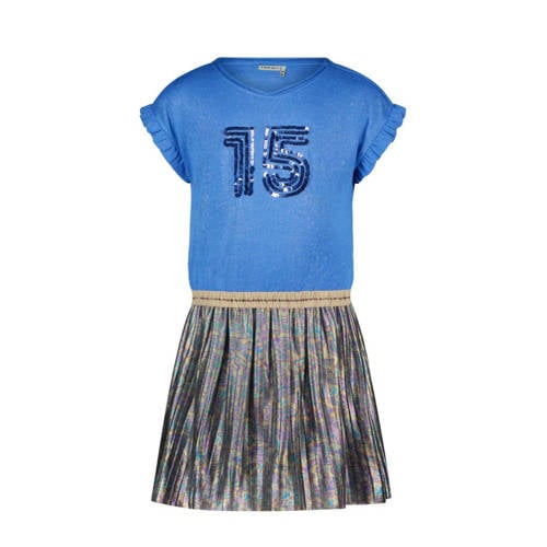 Like Flo jurk met ruches blauw/multicolor Meisjes Viscose Ronde hals Meerkleurig - 104