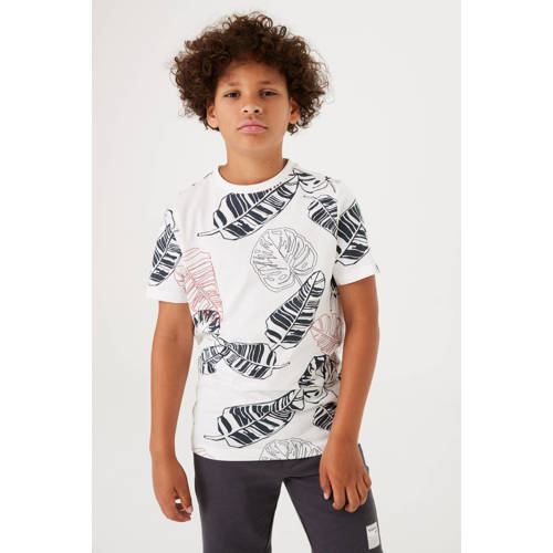 Garcia T-shirt met bladprint wit zwart Jongens Katoen Ronde hals Blad 128 134