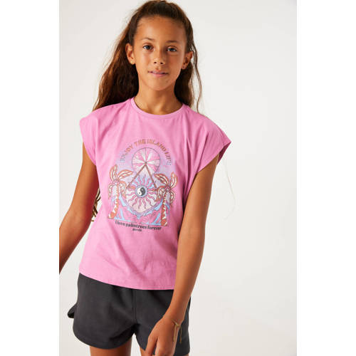 Garcia T-shirt met printopdruk roze lila Meisjes Katoen Ronde hals Printopdruk 128 134