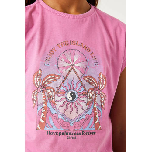 Garcia T-shirt met printopdruk roze lila Meisjes Katoen Ronde hals Printopdruk 128 134