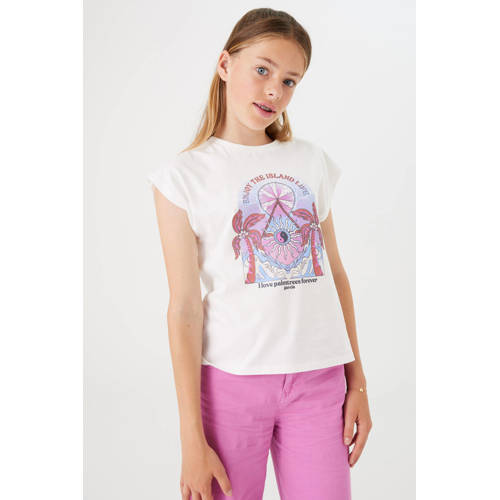 Garcia T-shirt met printopdruk wit roze lila Meisjes Katoen Ronde hals 128 134